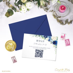 Carte modifiable RSVP florale bleue, modèle d'insertion de mariage imprimable bleu marine et crème, boîtier numérique de verdure, modèle corjl