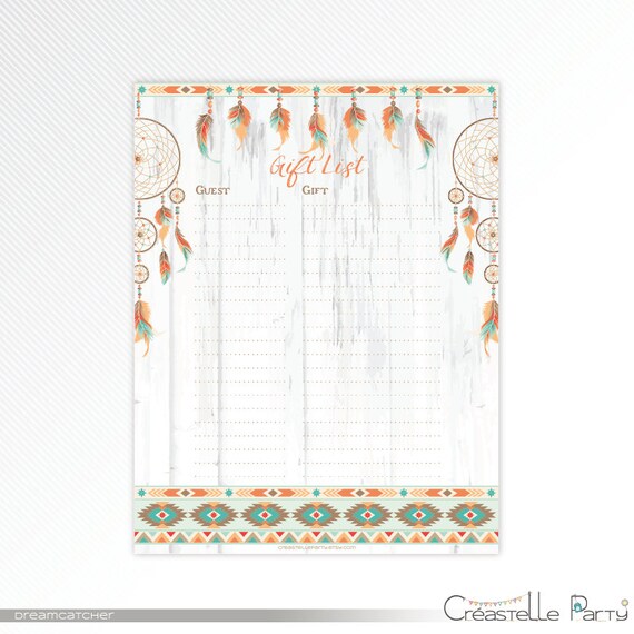 Dreamcatcher Baby Shower Gift List Teal Boho Tribal Printable Baby