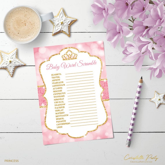 Princess Word scramble, royal printable baby shower game, pink and gold bokeh digital game, INSTANT DOWNLOAD Il_570xn
