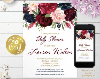 Floral marsala and navy invitation, editable pink roses baby shower digital invitation, burgundy printable, fall evite, corjl template