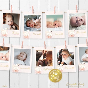 Banner do primeiro aniversário da princesa cisne, primeiro ano rosa editável em fotos, cartões fotográficos, guirlanda de fotos imprimível de 12 meses, modelo corjl