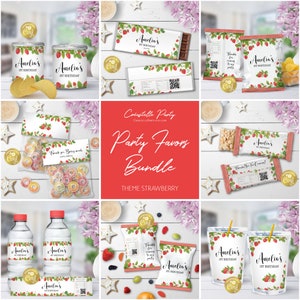 May include: A party favour bundle with a strawberry theme. The bundle includes a variety of items such as sweets, juice boxes, water bottles, chocolate bars, and snack bags. The items are decorated with a strawberry pattern and the name "Amelia's 1st Birthday".