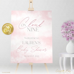 Wolke neun Willkommensschild, Himmel bearbeitbares Schild, rosa Mädchen-Babyparty, Wolke druckbare Partydekoration, bearbeitbar mit Corjl