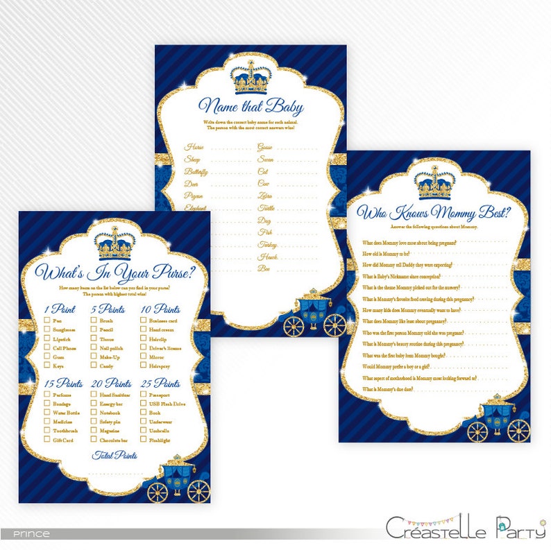 Princess baby shower printable games package 2 INSTANT DOWNLOAD blue and gold glitter royal game bundle