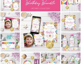 May include: A colorful art party birthday bundle with a variety of printable items, including invitations, thank you cards, cupcake toppers, water bottle labels, and a welcome sign. The design features a paint splattered background with colorful paintbrushes, paint tubes, and a palette.