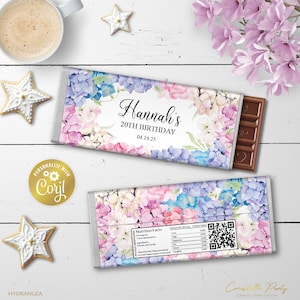 Hydrangea editable chocolate bar wrapper, pink and blue birthday snacks label, floral digital party favor, printable label, corjl template