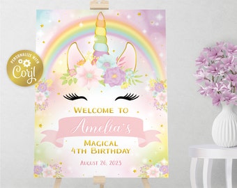 Unicorn face welcome sign, rainbow editable sign, star birthday printable party decoration, gold, floral, editable with corjl