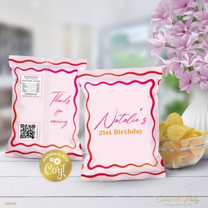 May include: Pink and white chip bag favor with a gold border and the text "Natalie's 21st Birthday". The bag has a pink and orange wavy design.