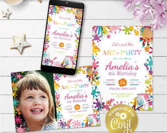 Invitación a fiesta de arte, invitación imprimible a fiesta de pintura, invitación digital de cumpleaños de artista, arco iris evite, editable con corjl