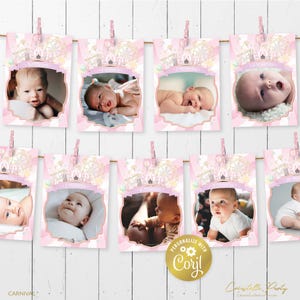 Bannière premier anniversaire carnaval, première année de cirque rose girly modifiable en images, cartes photo, guirlande photo imprimable 12 mois, modèle
