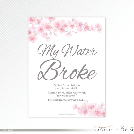 My Water Broke Baby Shower Game Sign Cherry Blossom Printable Baby
