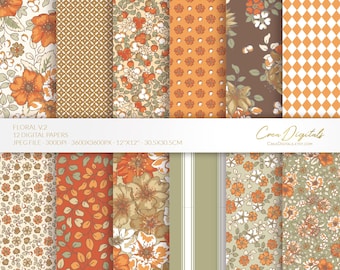 Floral Digital Paper Pack, Brick Cream Kaki, 12 seamless ditsy flowers pattern volume 2 (Digital Download)