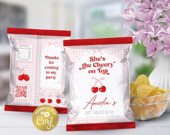 Cherry pink editable chip bag wrap, pretty coquette birthday snack label, digital party favor, she's the cherry on top printable, template