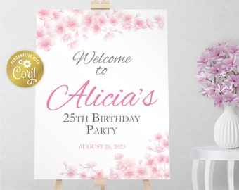 Cherry blossom welcome sign, watercolor pink sakura editable sign, watercolor floral printable party decoration, editable with corjl