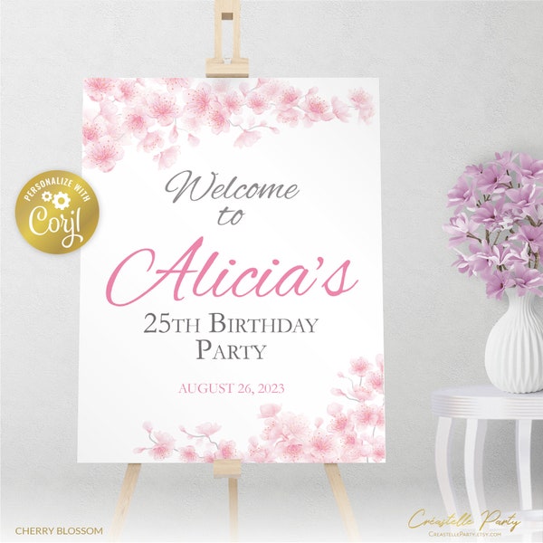 Cherry blossom welcome sign, watercolor pink sakura editable sign, watercolor floral printable party decoration, editable with corjl