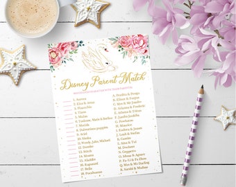 Swan Fairy Tales Parent Match, blush floral printable baby shower game, pink and gold digital game, INSTANT DOWNLOAD