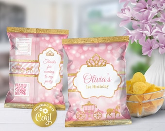 May include: Pink and gold chip bags with a princess theme. The bags feature a gold crown, a carriage, and the text "Olivia's 1st Birthday".