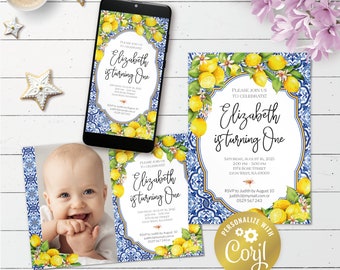 May include: A blue and white patterned invitation with a lemon and floral design. The invitation is for a first birthday party for a girl named Elizabeth. The text on the invitation reads "Please join us to celebrate! Elizabeth is turning one. Saturday, August 16, 2023, 2:00 PM - 5:00 PM, 1974 Rose Street, Lyon West, IL 60099. RSVP to Judith by August 10, judith@mymail.com or 0529 567 243."