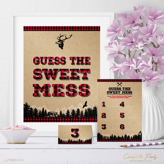 Rustic lumberjack buffalo plaid Guess The Sweet Mess game, sign and label, woodland baby shower printable, buffalo plaid, INSTANT DOWNLOAD Il_570xn