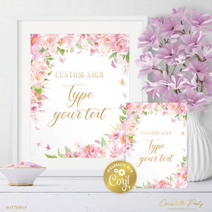 Butterfly custom sign template, blush pink and gold editable printable, flowers party decoration, floral party sign, corjl template