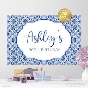 Editable mediterranean backdrop file, tuscan party poster, positano birthday decor, azulejos blue tile, corjl template, FILE ONLY
