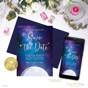 Lua, cartão digital editável para salvar a data do céu noturno, estrelas para impressão, celestial, galáxia, anúncio de casamento, modelo corjl