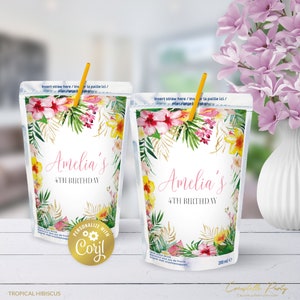 Tropical floral editable juice pouch label, hawaiian flower birthday snack label, floral digital party favor, printable, corjl template