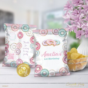 Donut editable chip bag wrapper, sweet one birthday snacks label, pink sprinkles digital party favor, printable label, corjl template