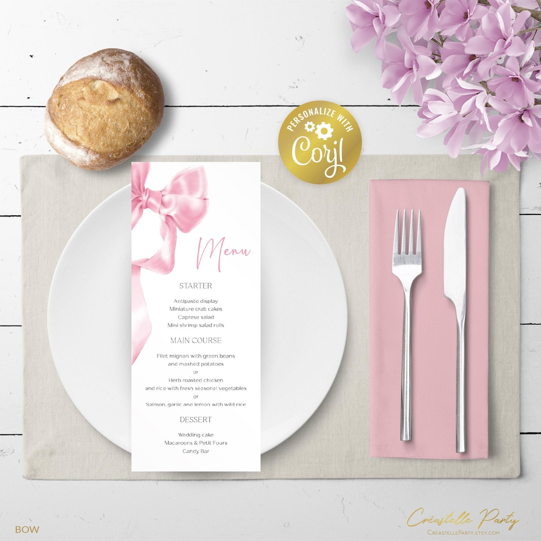 Bow Menu Template, Editable 3.75x9 + 5x7 Menus, Digital Pink Elegant ...
