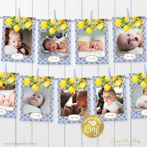 Mediterrane Zitrone erstes Geburtstagsbanner, bearbeitbares toskanisches erstes Jahr im Bild, Azulejos druckbare 12 Monate Fotogirlande, Corjlvorlage