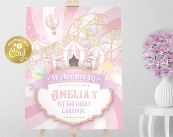 Carnaval-welkomstbord, bewerkbaar bord met grote bovenkant, girly roze pastelkleurige circuscircus afdrukbare feestdecoratie, bewerkbaar met corjl