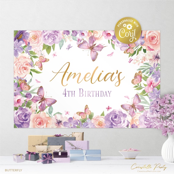 Editable butterfly backdrop file, pink, gold, lavender floral poster, party  decors, watercolor flowers background, corjl template, FILE ONLY by  Creastelle Party | Catch My Party