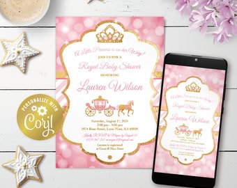 Princess invitation, editable royal crown baby shower digital invitation, gold and pink bokeh printable, carriage evite, corjl template