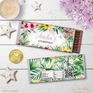 May include: Tropical hibiscus themed chocolate bar wrapper with a white background and colorful flowers and leaves. The wrapper is personalized with the name "Amelia's" and the text "4th Birthday".