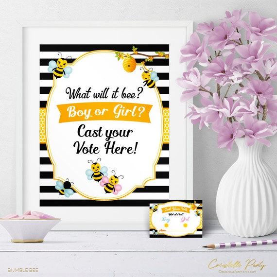 Gender Reveal Voting Cards, Bumble bee printable baby shower game, beehive, honeycomb yellow and black game, instant download Il_570xn