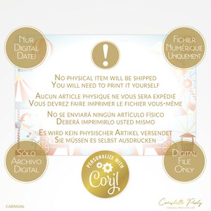 Op de afbeelding: Een digitale printbare uitnodiging voor een carnavalsparty met een kleurrijke circustent, een rood-wit gestreept reuzenrad en een rode trein. De tekst op de uitnodiging luidt "Geen fysiek item wordt verzonden. Je moet het zelf afdrukken." De uitnodiging bevat ook de tekst "Personaliseer met Coril" in een gouden cirkel.