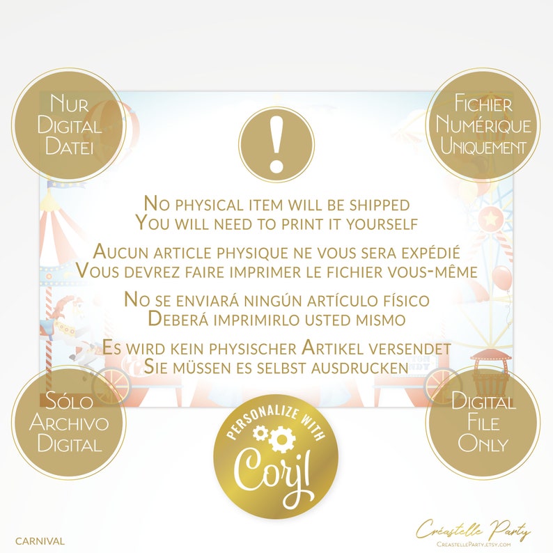 Op de afbeelding: Een digitale printbare uitnodiging voor een carnavalsparty met een kleurrijke circustent, een rood-wit gestreept reuzenrad en een rode trein. De tekst op de uitnodiging luidt "Geen fysiek item wordt verzonden. Je moet het zelf afdrukken." De uitnodiging bevat ook de tekst "Personaliseer met Coril" in een gouden cirkel.