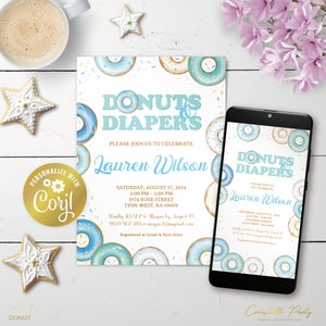Donutuitnodiging, bewerkbare digitale uitnodiging babyshower, blauwe hagelslag, afdrukbaar, donut en luiers, evite, corjl-sjabloon