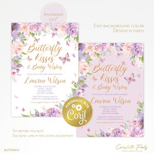 May include: Purple and pink floral baby shower invitation with gold text that reads "Butterfly Kisses & Baby Wishes". The invitation is for a baby shower honoring Lauren Wilson. The invitation includes the date, time, and location of the shower. The invitation also includes a personalized with Coryl logo.