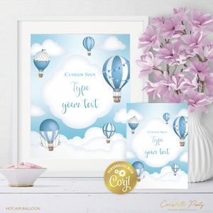 Conjunto de placas de festa, placas editáveis de balão de ar quente, placas para cima, para cima e para longe, céu, decoração de nuvem, pacote de placas azuis, modelo corjl