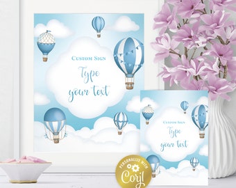 Set di cartelli per feste, cartelli modificabili per mongolfiere, cartelli Su, Su e Via, cielo, decorazione nuvola, pacchetto cartelli blu, modello corjl