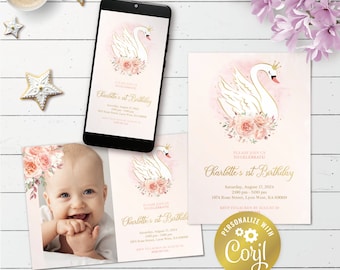 May include: A pink and gold first birthday invitation with a white swan and floral accents. The invitation says "Please join us to celebrate Charlotte's 1st Birthday" and includes the date, time, and location of the party. The invitation also includes a personalized message that says "RSVP to Lauren by August 10".