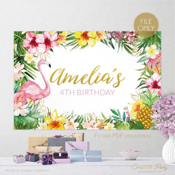 DIGITAL Floral tropical backdrop file, flamingo and pineapple watercolor party poster, party decoration, hawaii aloha background, FILE ONLY Il_570xn