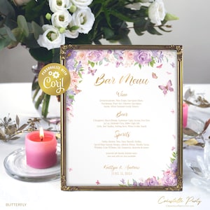 May include: A printable wedding bar menu sign with a floral design featuring butterflies and the text "Bar Menu". The menu lists wine, beer, and spirits options.
