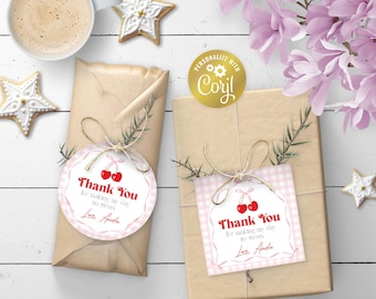 Cherry pink editable favor tag, pretty coquette birthday, she's the cherry on top digital party favor, printable thank you label, corjl