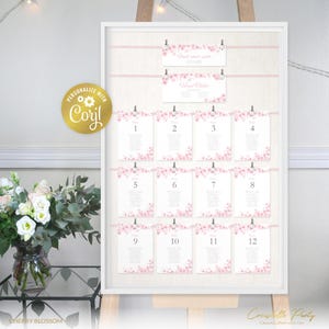 Plantilla de plano de asientos con flores de cerezo, plano de asientos con sakura rosa, plantilla editable para encontrar su asiento, plantilla imprimible con flores de primavera, plantilla corjl