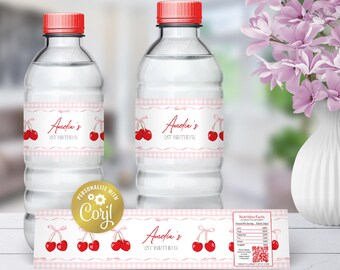 Cherry pink editable water bottle label, pretty coquette birthday label, she's the cherry on top digital party favor, corjl template