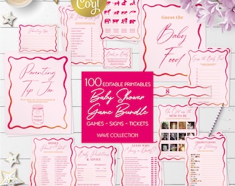 May include: A pink and gold printable baby shower game bundle with 100 editable games, signs, and tickets. The bundle includes games like "Guess the Baby Food", "Parenting Tip Jar", "Guess Who", and "Disney Paint Match".