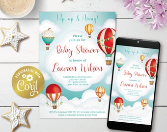 Hot Air Balloon red invitation, editable Up, Up & Away baby shower digital invitation, printable, sky, cloud evite, corjl template