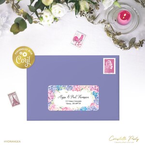 Étiquettes d&#39;adresse hortensia, modèle d&#39;étiquette imprimable d&#39;expédition, numérique 4 x 2 po, autocollants roses et bleus, modèle corjl floral violet